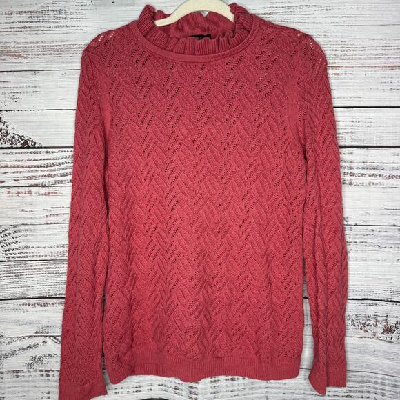 Talbots Pink Pointelle Ruffle Mock Neck Sweater Long Sleeve Knit Pullover Lg - Picture 1 of 6